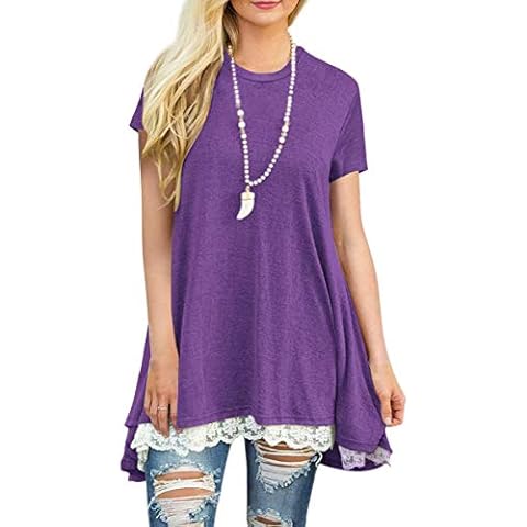 Womens Plus Size Short Sleeve A-Line Flowy Tunic Tops Lace Trim Shirt Blouse, S-deep Purple, S Cover