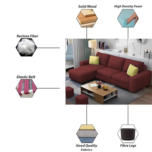 Image of Orland 4 Seater LHS L Shape Sofa Set for Living Room | Color - Maroon | Premium Fabric Sofa