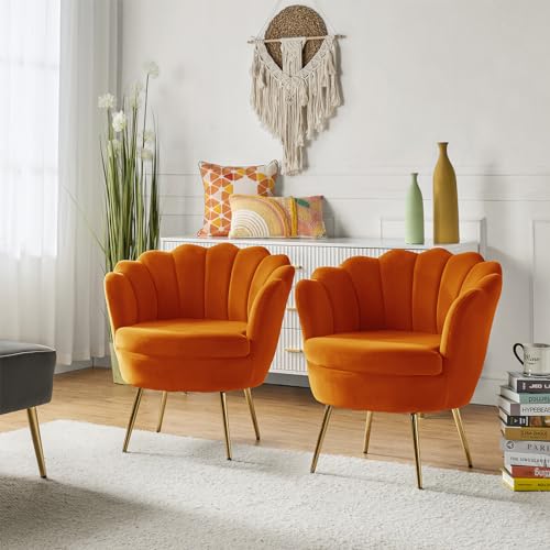 Image of HULALA HOME Modern Velvet Accent Chairs Set of 2 with Shell Shaped Back, Cute Living Room Bedroom Armchairs Sofa Chairs with Gold Legs, Comfy Upholstered Vanity Chairs for Makeup Room, Orange