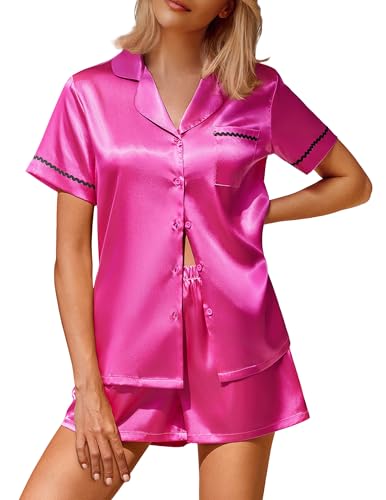 Image of Ekouaer Silk Satin Pajamas 2 Piece Pajamas for Women Set Button Down PJ Short Sleeve and Shorts Pjs Lounge Sets