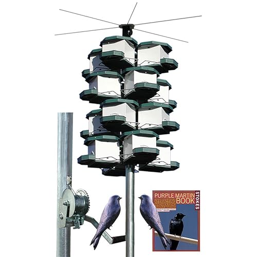 Heritage Farms Quad Pod Purple Martin House Package, 4 Pods, Multi Level Purple Martin Housing Kit with Steel Pole, Top Perch, and Decoys, Outdoor Martin House System for Supporting Multiple Birds
