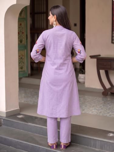 Image of ANNI Designer Women Kurta Set | Cotton Embroidered A-Line Kurta with Pant Co-ord Set | 3 /4 Sleeve Mandarin Collar Kurti Set for Women | Daily Office Party Wedding Ethnic Suit
