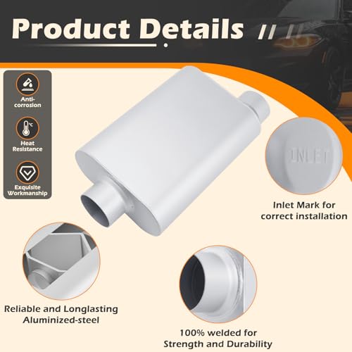 Image of A-KARCK Universal Exhaust Muffler 3 inch Offset Inlet 3 inch Dual Outlet, 17.3 inch Overall Length Aluminized Steel Aggressive Sound Race Muffler for Cars, Trucks