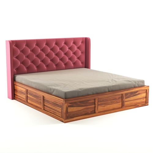 Image of Solid Sheesham Wood Queen Size Bed with Storage | Wooden Double Bed Cot Bed with Box Storage & Velvet Upholstered Cushioned Headboard for Bedroom (Honey A, Queen)