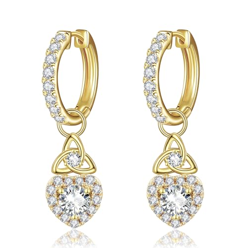 Moissanite Dangle Earrings for Women 925 Sterling Silver Earrings White/14K Gold Plated Detachable Hoop Celtic Knot Earring with Cubic Zirconia and Heart Charms Jewerly Gifts for Her