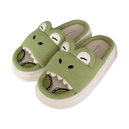 Cute Crocodile Linen Slippers- Thick Sole Soft Indoor Outdoor Slippers for Women/Men, Cute Slippers Cartoon Animal Womens Mens House Shoes Cotton Linen Comfortable Bedroom Kawaii Cloud Slides