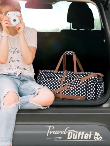 Image of Lekesky Foldable Travel Duffel Bag for Women, 80L Large Duffle Bag with Separate Shoes Compartments & Straps, Carry On Weekend Bag for Women, Hospital, Overnight(Polka Dots)