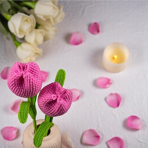 Image of Tulip Crochet Flowers | Handcrafted Artificial Faux Woolen Flower with Long Stem | Natural Looking Knitted Flower for Home, Living Room, Vase & Bouquet Decoration & Gifting | Pink- 2 Pcs