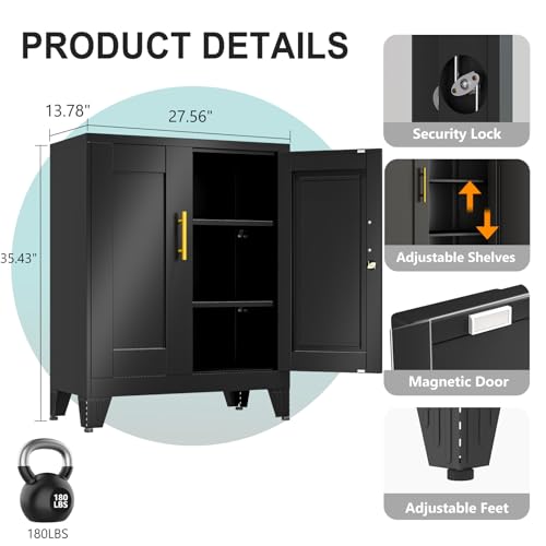 Image of pozdeg Metal Storage Cabinet with 2 Doors, 35.8 inch H Steel Metal Locker Storage Cabinet with 2 Adjustable Shelves, Versatile Storage Buffet Sideboards for Home Office Garage or Gym (Black)
