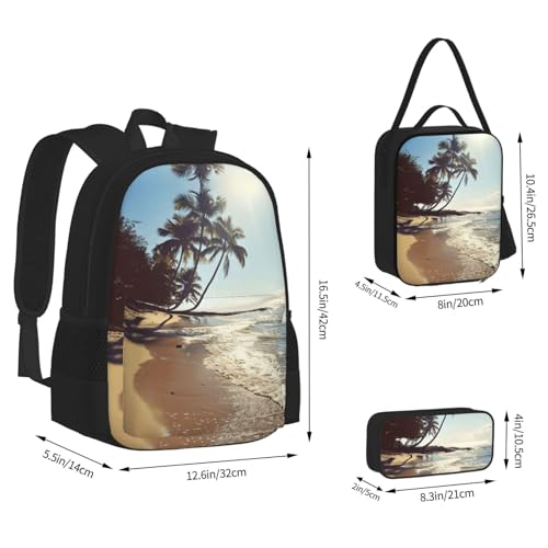 Hawaii Beach Print 3 Piece Backpack Set, Laptop Daypack, Lightweight Bookbag Set With Lunch Bag Pencil Case3