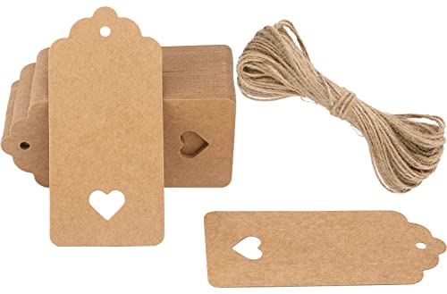 G2PLUS Brown Gift Tags with Heart: 50PCS Blank Paper Tags with String 4.5cm x 9.5cm Large Gift Labels for Wedding Favors Presents 300g/m