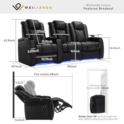 Image of Weilianda Home Theater Seating, Top Grain Leather Movie Theater Chair | Black Row of 3 Loveseat Right, Zero Gravity, Power Headrest, Tray Table, Electric Reclining Seat for Media Room