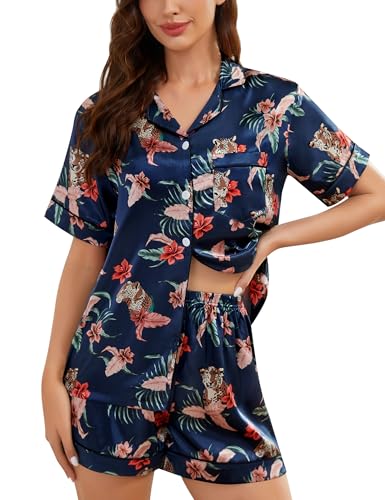 Image of SWOMOG Womens Silk Satin Pajamas Set Short Sleeve Sleepwear Button Down Top and Shorts Loungewear 2 Piece Pjs Set XS-3XL