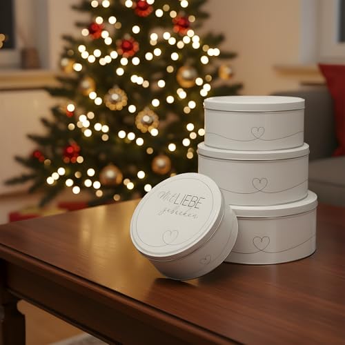INSPINOVIA Keksdosen 4er Set | Ideal für Weihnachtsplätzchen & andere Leckereien | 4 Größen im Set | Gebäck & Aufbewahrungsdosen in bezaubernden Designs für viele Anlässe (Mit Liebe gebacken)
