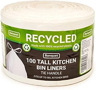 Recycled 100 Tie Handle Tall Kitchen Bin Liners, White