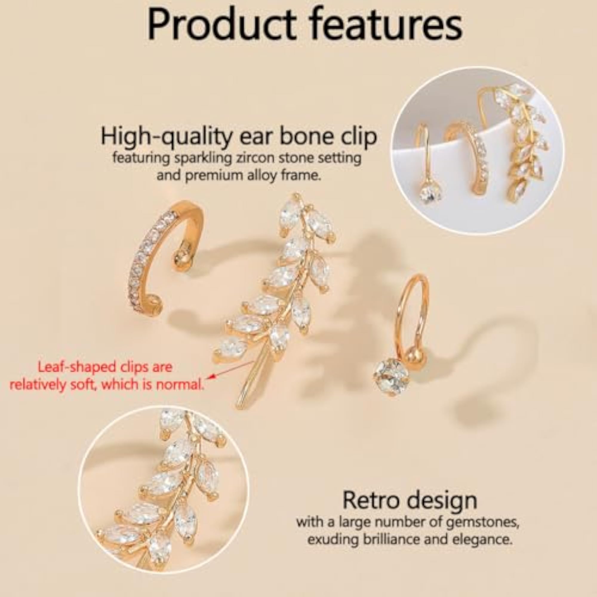 Women's Cubic Zirconia Leaf Ear Cuffs, No Piercing