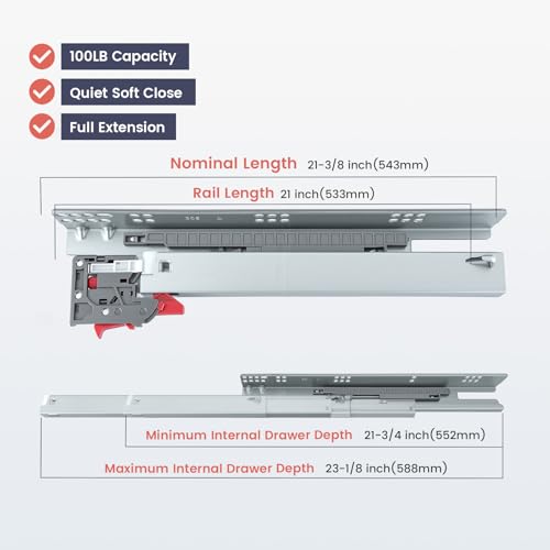 Homdiy 21 Inch 1 Pair Undermount Soft Close Drawer Slides Hidden Bottom Mount Cabinet Rails, Full Extension Concealed Bottom Mount Rails, 100 LB Load Capacity Heavy Duty Steel Cabinet Slides