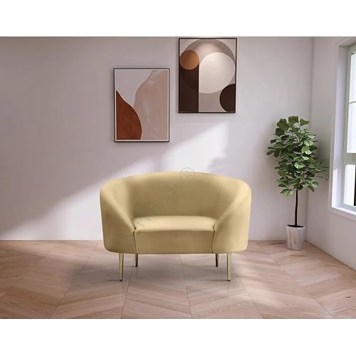 Image of Rosewood Luxury Curved Sofa in Premium Velvet-Fabric | Solid Wood Structure | High Density Foam | Sturdy Golden Legs | Comfortable & Stylish Couch for Modern Living Room (Camel, 1 Seater)