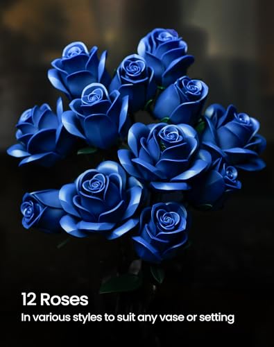 Image of Blue Roses Bouquet Building Set, Artificial Flowers Botanical Collection Blocks Kit Compatible with Lego for Adults, Gothic Home Decor for Easter and Mother's Day - IA11007 (608PCS)