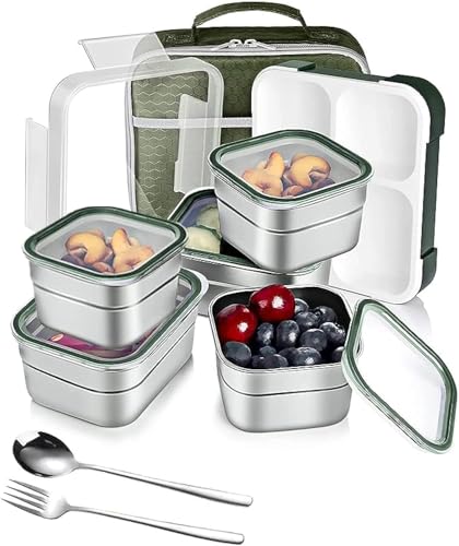 GGEROU Stainless Steel Lunch Box for Kids Adults,Insulated Bento Lunch Box with Tableware & Bag,1000ML 5 Compartment Divided Lunch Containers with Lids,Leakproof | BPA Free | Dishwasher Safe (Green)