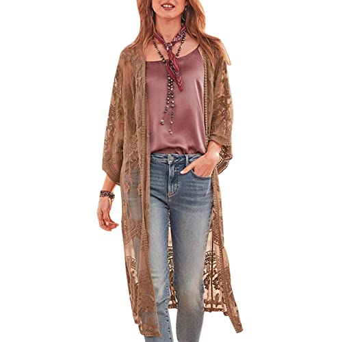 Image of Women Mesh Lace Kimonos Swim Cover Up Summer Bikini Beach Coverup Boho Back Cutout Sheer Kimono Cardigan (Coffee, ONE SIZE)