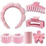 16pcs Spa Makeup Headband Set for Washing Face, Bubble Skincare Headband, Face Washing Wristbands, Hair Claw Clips, Elastic Hair Bands for Women Girls Makeup Removal Wash Spa Yoga Sports Shower (pink)
