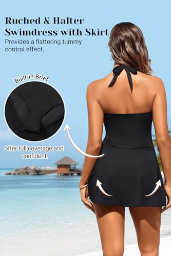 Image of Women Tummy Control One Piece Swim Dress Ruched Swimsuit with Skirt | Halter V-neck Design, Adjustable Straps, Removable Cups, Side Bow-tie, Sexy, Flattering, Slimming