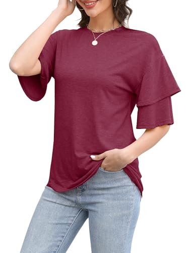 Camiseta Mujer Verano 2025, Tops Cortos con Cuello Redondo & Blusa Casual con Volantes - Camisetas de Manga Corta/Tres Cuartos, Moda Cómoda para Diario/Fiesta/Playa Burgunderrot M