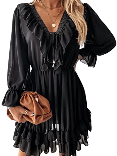 CUPSHE Damen Kleid V Ausschnitt Volant Langarm Rüschensaum Chiffon Kurzes...