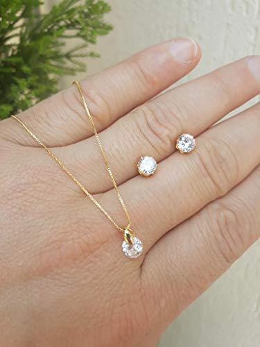 Conjunto Ponto De Luz Zircônia Colar E Brinco banhado a Ouro 18k