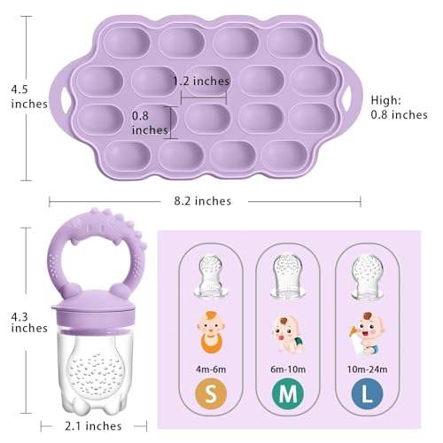 Image of Silicone Baby Fruit Feeder & Breastmilk Popsicle Molds Freezer Tray with Lid, 2 Pack Baby Food Feeder to Teething Relief, Introduce New Foods, Self Feeding, Includes 6 Food Pacifiers (Purple+Pink)