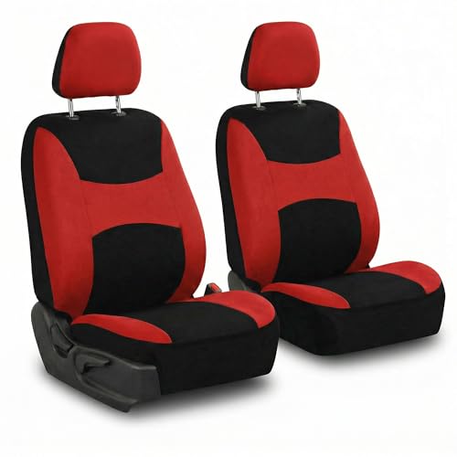 Image of FH Group Universal Car Seat Covers Front Set for SUV Truck Sedan Vans | Waterproof All-Purpose Cloth Seat Cover Set Airbag Compatible Washable Split Bench Protector Interior Upgrade - Red