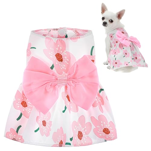 Dog Floral Dress Cute Dog Dresses with Pink Bow Pet Princess Dresses Pink Floral Dogs Cat Clothes Spring Summer Pet Clothes for Chihuahua Yorkie Puppy and Small Cats (XS Size)