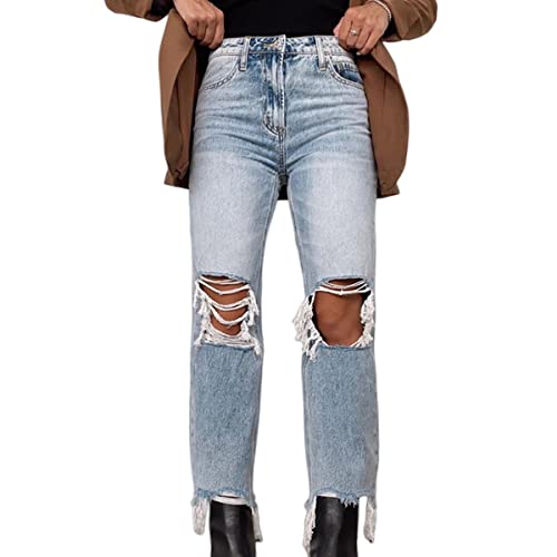 Womens Ripped Jeans Casual Stretchy Straight Leg Denim Pant High Waisted Retro Classic Denims Relaxed Fit Long Pant