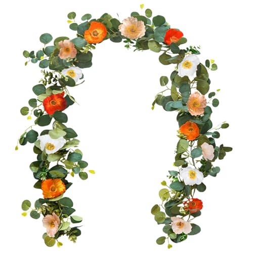 Kainonnan 5.74 FT Artificial Poppies Flower Garland, Floral Garland Greenery Vines with Eucalyptus Hanging Flowers Vines for Home Wedding Mantle Table Outdoor Decor (Mixed Colors) by Kainonnan - Used condition - US$15.05