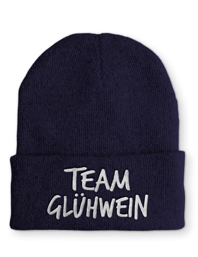 tshirtladen Beanie Team Bonnet de déclaration vin chaud avec inscription brodée en tricot pour homme et femme Uni doux élastique Convient pour l'hiver Design humoristique, bleu marine, taille unique