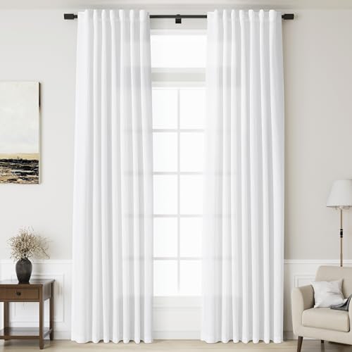 Image of Nanspring White Extra Long Curtain 130 inches Long 2 Panels Set for Living Room Back Tab Modern Farmhouse Coastal Decor Cotton Textured White Sheer Linen Curtains for High Window 52x130