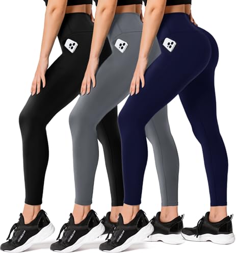 FULLSOFT 3 Pack Leggings for Women Non See Through-Workout High Waisted Tummy Control Running Yoga Pants with Pockets (3 Pack Black, Dark Grey, Navy Blue(with Pockets), 2X-Large-3X-Large)