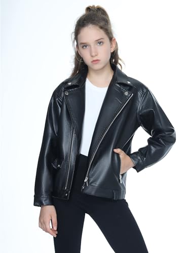 Mebius Girls Oversize Leather Jacket Kids Long Sleeve PU Faux Leather Pockets Youth Zip Up Outerwear Coats2