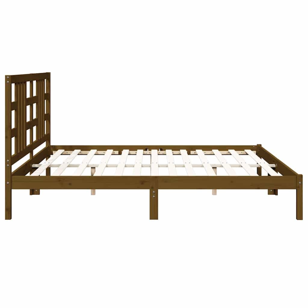 Lite drewno sosnowe Klasyczny design z zagłówkiem Brąz 200x200 cm | Rama łóżka 200x200 cm, lite drewno sosnowe, miodowy brąz, zagłówek, listwy ze sklejki