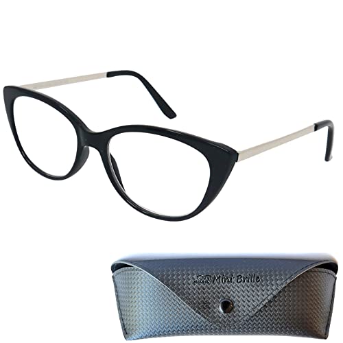 Mini Brille, Cat Eye Reading Glasses with Large Lenses, including FREE Trendy Case, Plastic Frame with Metal Temples (Black)