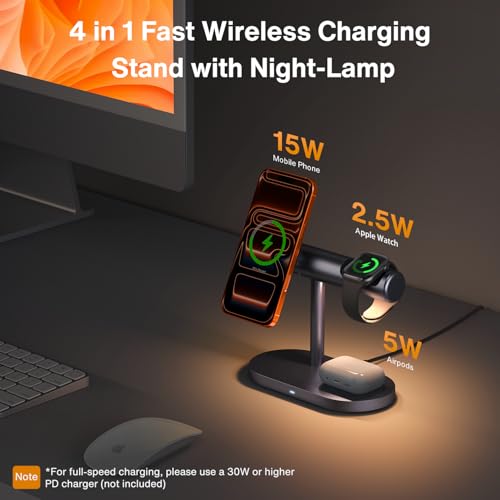 iVANKY 4 in 1 Qi2 Certified Wireless Charger Stand for iPhone 17, Night Light for MagSafe Charging Station, 25W Charge for iPhone 17/16/15/14/13/12/11 Plus/Pro/Max,Apple iWatch, Airpods Pro 2/3