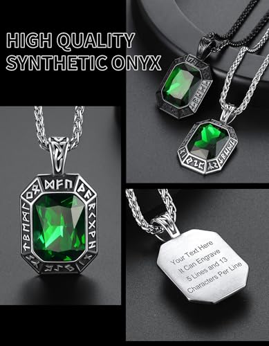 Image of ChainsHouse Viking Rune Pendant Necklace for Men Women, Punk Biker Black Metal /316L Stainless Steel Onyx Norse Vintage Amulet Necklaces with Black /Red /Green /Blue Gemstone, Send Gift Box