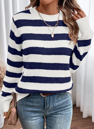 Dokotoo Sweaters for Women 2025 Crewneck Striped Cute Color Block Fall Winter Knitted Pullover Tops3