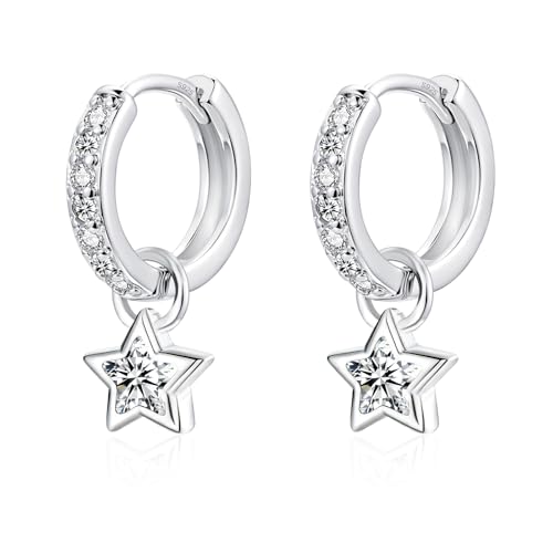 Zecimi Huggie Earrings, 925 Sterling Silver Star Hoop Earrings for Girls, 12mm Drop Earrings with White Zirconia, Small Hypoallergenic Sleeper Earrings, Sweet Childrens Jewellery Gifts for Birthday