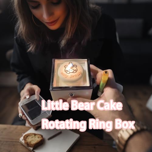 Image of Little Bear Cake Rotating JewelryBox for Proposal - Rotating Ring Box Engagement Ring Box, Surprise Box Ring Bearer Box, necklace box for Birthday,Necklace Holder with Fabric Interior (white)