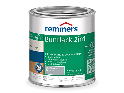 Remmers Buntlack 2in1 silbergrau (RAL 7001), 0,375 Liter, Buntlack für Holz, Eisen, Stahl, inkl. Grundierung und Rostschutz, innen und außen