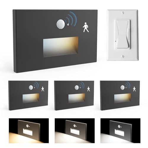 Image of 4 Pack 120V 3CCT Motion Sensor LED Step Lights Indoor Outdoor, Black | Hardwired Stair Lights with Dimmer Switch, 0%-100% Dimmable, 3000K /4000K /6000K, 5W 500LM, IP65 Waterproof, Aluminum, ETL