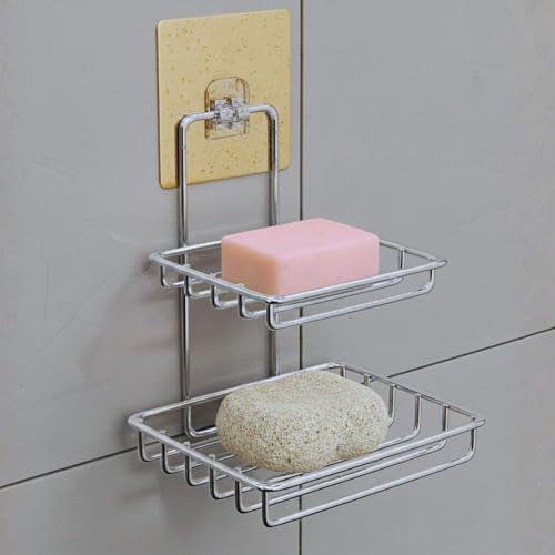 Image of Double Layer Soap Stand for Bathroom | Soap Holder for Bathroom Stickable | Self Adhesive Wall Mounted Stainless Steel Soap Dish | No Drill Soap Tray Waterproof Rust-Proof (Set of 1)