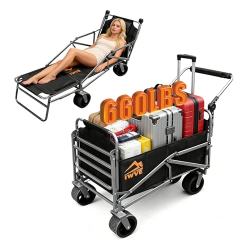 IWVE Heavy Duty Folding Wagon Cart 660 lb Capacity 3-in-1 Collapsible Utility Wagon with Adjustable Handle and All-Terrain Wheels for Camping Beach Grocery Outdoor Use